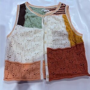 American Eagle Outfitters Cream and Green Knit Sweater with Patchwork Design